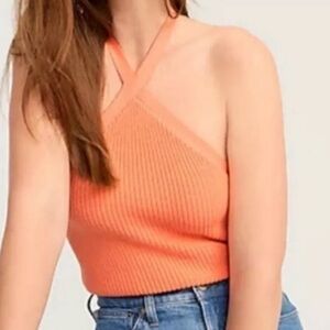 J. Crew Orange Knit Halter Top Stretch Cotton/Cashmere Ribbed Coastal Size Large